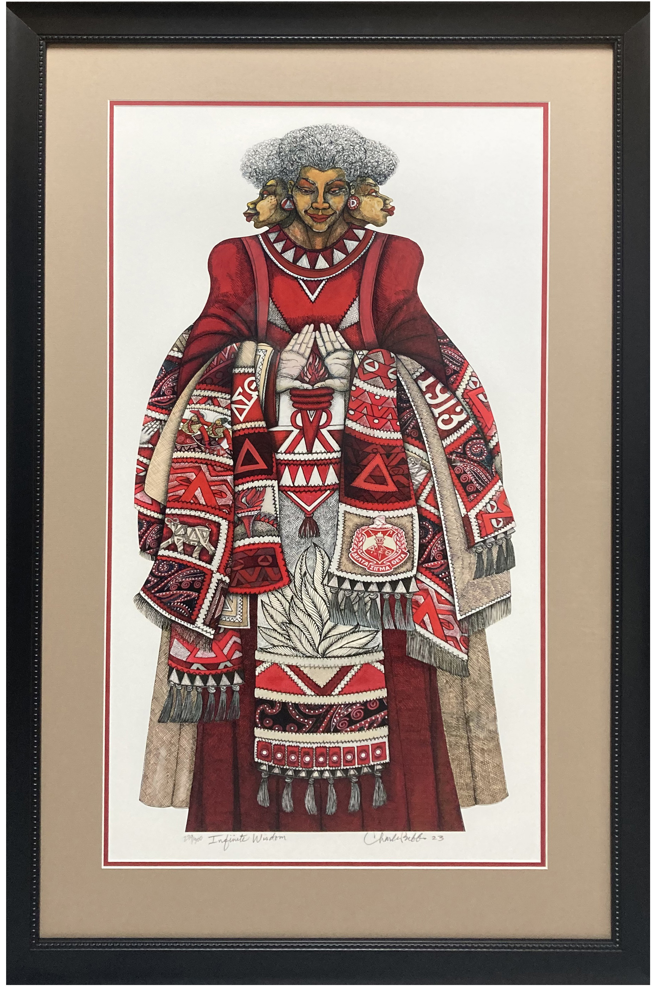 Framed Charles Bibbs print of an african-american lady standing in red, white and black