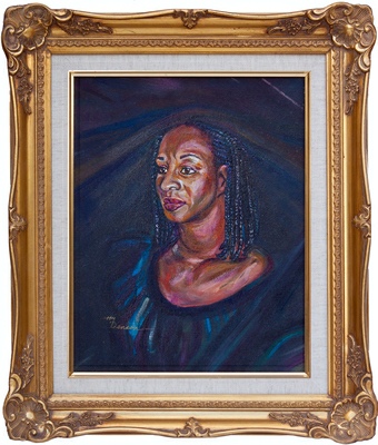 portrait of an african-american woman in a blue dress, ornate gold frame