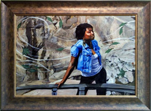 painting of an African-American lady leaning against a fence with swirls around her representing wind